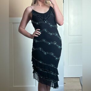 Y2K Asymmetrical Beaded Silk Dress Black 4